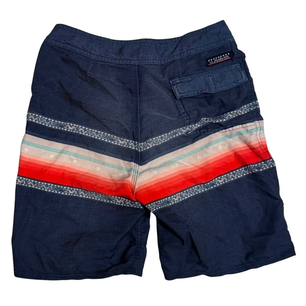 Quiksilver Highline Boys Board Shorts Navy Blue Striped Swim Trunks Size 26